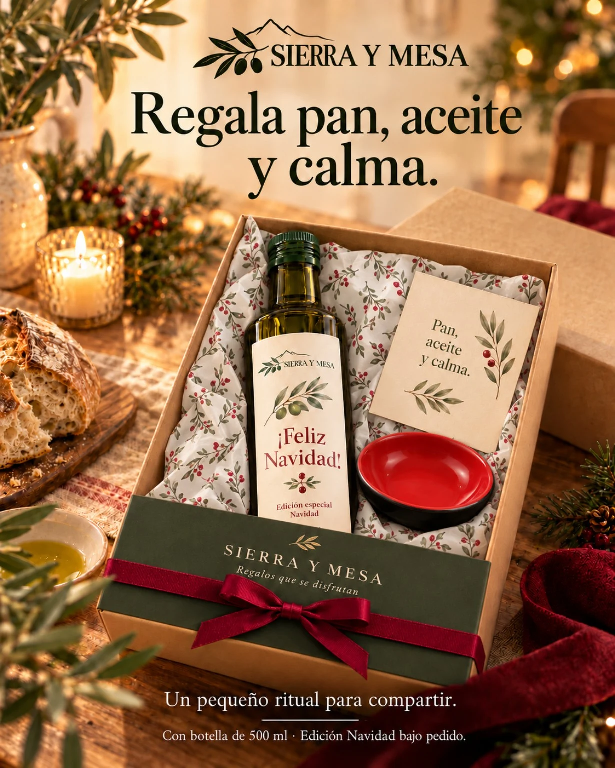 Pack Pan, aceite y calma de Navidad: botella de 500 ml con etiqueta Feliz Navidad, cuenco rojo vacío, papel con ramas y bayas, tarjeta y lazo granate